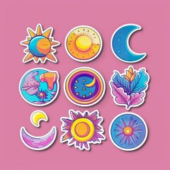 Fototapeta premium Colorful celestial and nature-themed stickers on a pink background featuring sun, moon, stars, and flowers. Bright and vibrant designs.