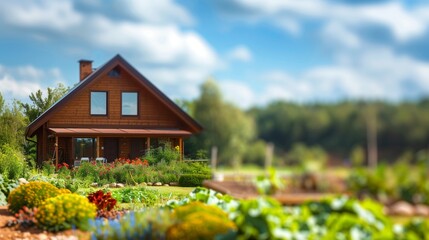 Cozy brown country house with garden on left, blurred rural background on right for text space, perfect for property listings.