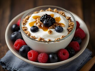 Bowl of Greek yogurt with honey and granola, topped with fresh berries, nutritious, genrative AI