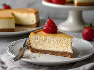 Classic New York cheesecake slice with a graham cracker crust, rich and creamy, genrative AI