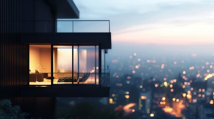 Elegant black townhouse with modern design on left, blurred city background on right, great for real estate ads.