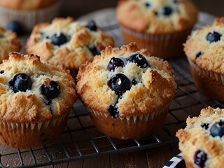 Freshly baked blueberry muffins with a crumbly topping, sweet and moist, genrative AI