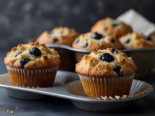 Freshly baked blueberry muffins with a crumbly topping, sweet and moist, genrative AI