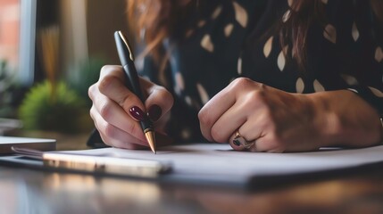 Close-up of a woman writing with a pen on paper at a desk, emphasizing creative focus and productivity in a professional environment.