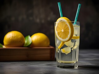 Freshly squeezed lemonade in a tall glass with ice cubes and a lemon slice, refreshing, genrative AI