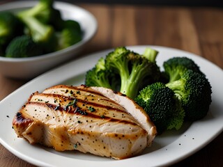 Grilled chicken breast with a side of steamed broccoli, healthy and delicious, genrative AI