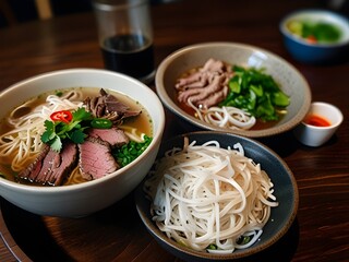 Steaming bowl of pho with rice noodles, beef slices, and fresh herbs, aromatic and flavorful, genrative AI