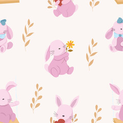 Cute Pink Rabbit Cartoon Seamless Pattern