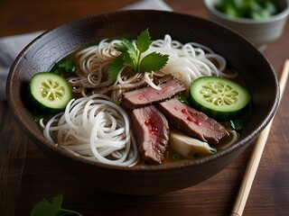 Steaming bowl of pho with rice noodles, beef slices, and fresh herbs, aromatic and flavorful, genrative AI