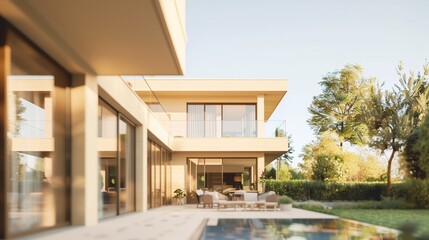 Fototapeta premium Modern beige villa with poolside on left, blurred garden background on right for real estate advertising.