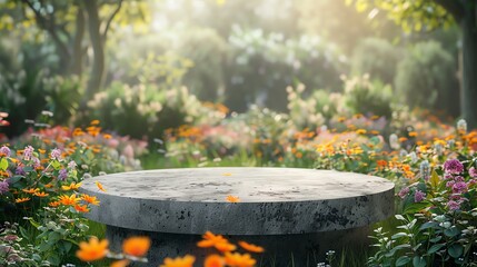 Blank product display podium with garden flowers field meadow on background. Beauty skincare cosmetics presentation. Organic natural concept