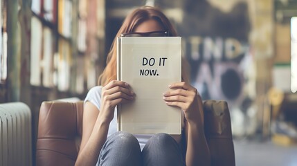 Woman holding a book with 'Do It Now' on the cover, inspiring action and motivation in a cozy, artistic setting.