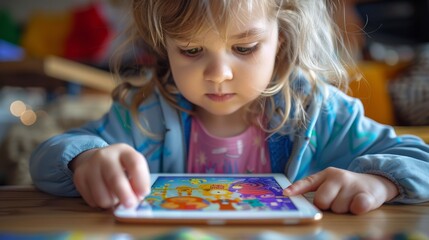 A child is using an tablet to play educational digital games like math and reading apps. Visuals are displayed on the screen as the child sits at their desk in a school or home. Generative AI.