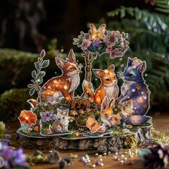 Handcrafted diorama with whimsical forest animals in a magical woodland setting, featuring intricate details and vibrant colors.