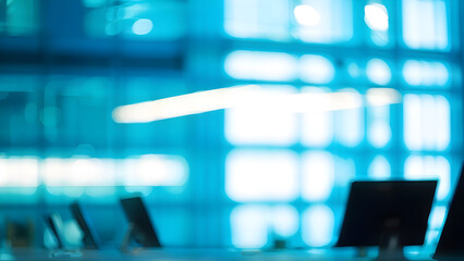 At night beautiful Abstract blurred office interior room. blurry working space with defocused effect