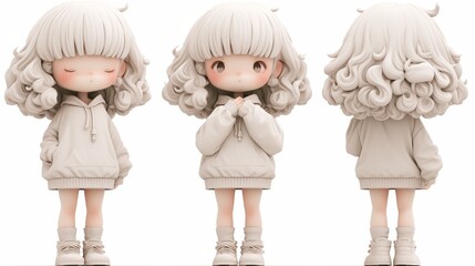 Cute 3D doll character with curly hair wearing a hoodie, shown from different angles in a minimalistic style.