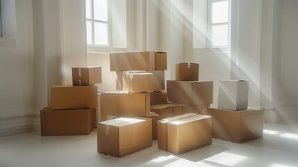 A pile of closed and intact cardboard boxes centered in a white room, product shot, bright lighting, white background. Generative AI.