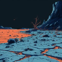 Digital landscape illustration of a barren, cracked earth with vibrant orange lava and a lone tree against a dark sky.