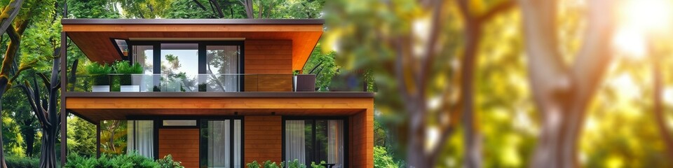 Modern brown eco-friendly home on the left, natural blurred background, right side for text