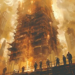 Dramatic scene of construction workers in front of a burning skyscraper under construction, surrounded by smoke and flames during sunset.