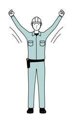 Man in helmet and workwear doing radio calisthenics, preparation for accident prevention