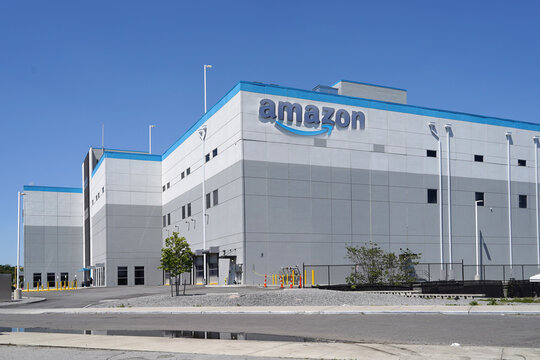 Exterior of large Amazon warehouse building
