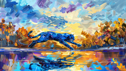 Horizontal oil painting of a Black Panther