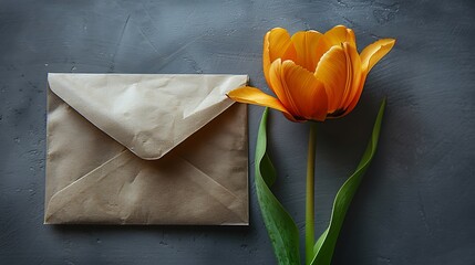 A love letter in an envelope with a yellow tulip on a white background.