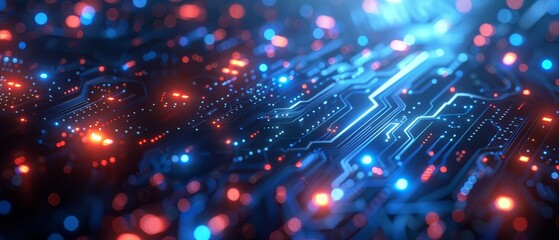 Fototapeta premium Abstract tech patterns with glowing elements, blue and white tones, digital feel, copy space,