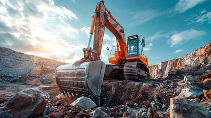 Excavator digging in a quarry, bright daylight, ample text space