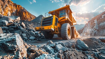 Obraz premium Excavator loading ore into truck, bright daylight, room for text