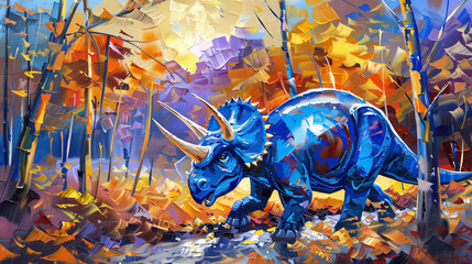 Horizontal oil painting of a Triceratops