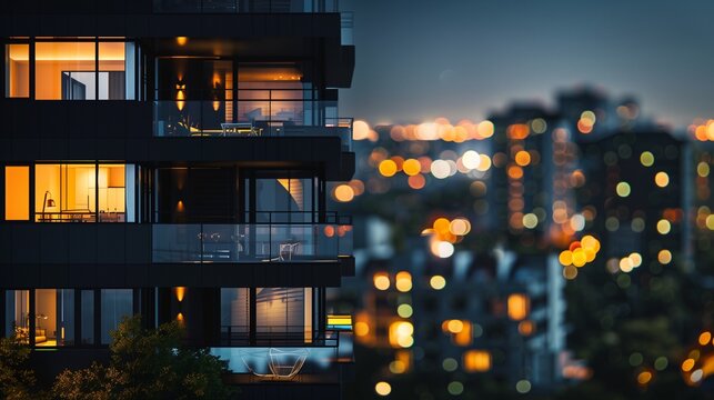 Stylish black apartment complex on left, blurred night cityscape on right, ideal for real estate marketing.