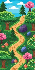Scenic cartoon forest path with colorful trees and mushrooms, perfect for nature and adventure-themed designs and illustrations.
