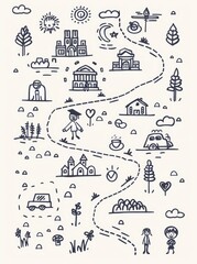 Hand-drawn travel illustration featuring landmarks, buildings, nature, and people with a whimsical path.