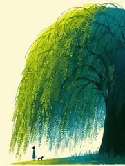 Illustration of a person and a dog standing under a large, lush willow tree on a sunny day, showcasing nature's beauty and tranquility.