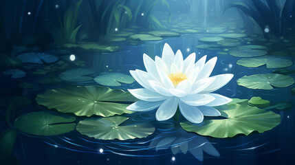 Tranquil lotus flower illustration with delicate petals in serene pond, symbolizing purity and serenity.