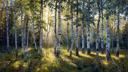 Fototapeta premium Morning sunlight shining through a grove of birch trees