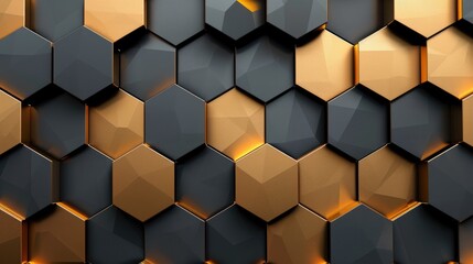 Abstract futuristic luxurious digital geometric technology hexagon background banner illustration 3d - Glowing gold, brown, gray and black hexagonal 3d shape texture wall