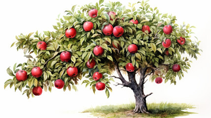 Vibrant apple tree illustration perfect for harvest season, with ripe fruit and clear background.