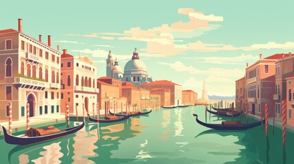Vibrant illustration of Venices Grand Canal with gondolas, clean background.