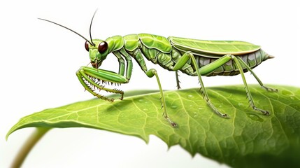 Vibrant illustration of a praying mantis on a leaf, highlighting intricate details and a clean background.