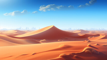Naklejka premium Dynamic desert landscape illustration with detailed sand dunes, clear blue sky, and clean background.