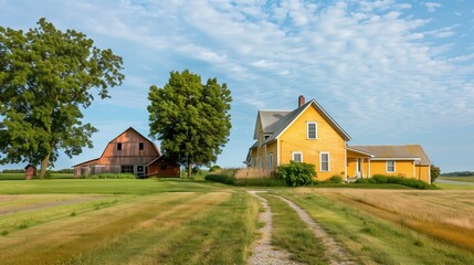 Fototapeta premium Traditional yellow farmhouse with barn on left, plain countryside background on right for real estate listings.