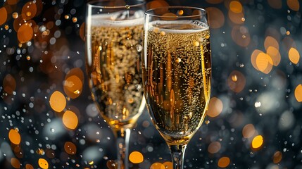 Close-up of two champagne glasses clinking, high-speed capture of bubbles and liquid splashes in mid-air, detailed textures, vibrant and dynamic, blurred festive background, high-resolution image.