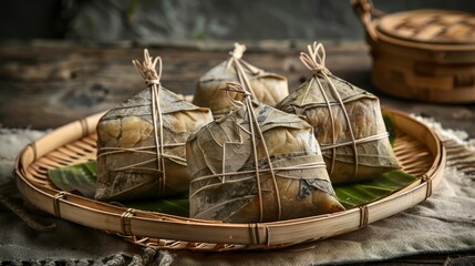 A bamboo plate with triangular dumplings made of rice and millet flour wrapped in leaves, tied at...