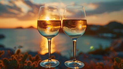Close-up of two wine glasses toasting at sunset, warm glow of the setting sun, cozy and inviting atmosphere, detailed glass textures, rich sunset colors, blurred background, high definition.