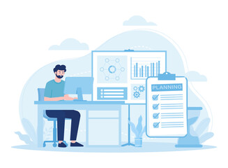 a man works according to planning concept  flat illustration