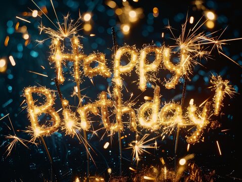 Text "Happy Birthday!" in sparklers on black background. Generative AI.