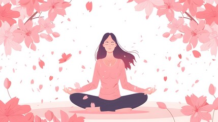 Woman meditating in nature and leaves. Concept illustration for yoga, meditation, relax, recreation, healthy lifestyle. Vector illustration in flat cartoon style
